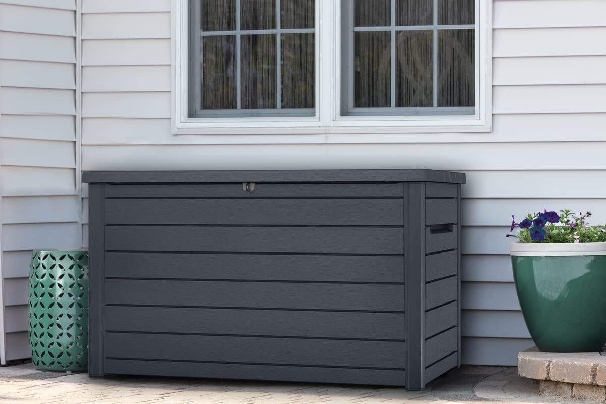 Keter Caja de cojín XXL Ontario, Grafito, 870 l de Capacidad, Dimensiones Exteriores: 147 x 83 x 86 cm, Caja de Almacenamiento Impermeable, para Exteriores