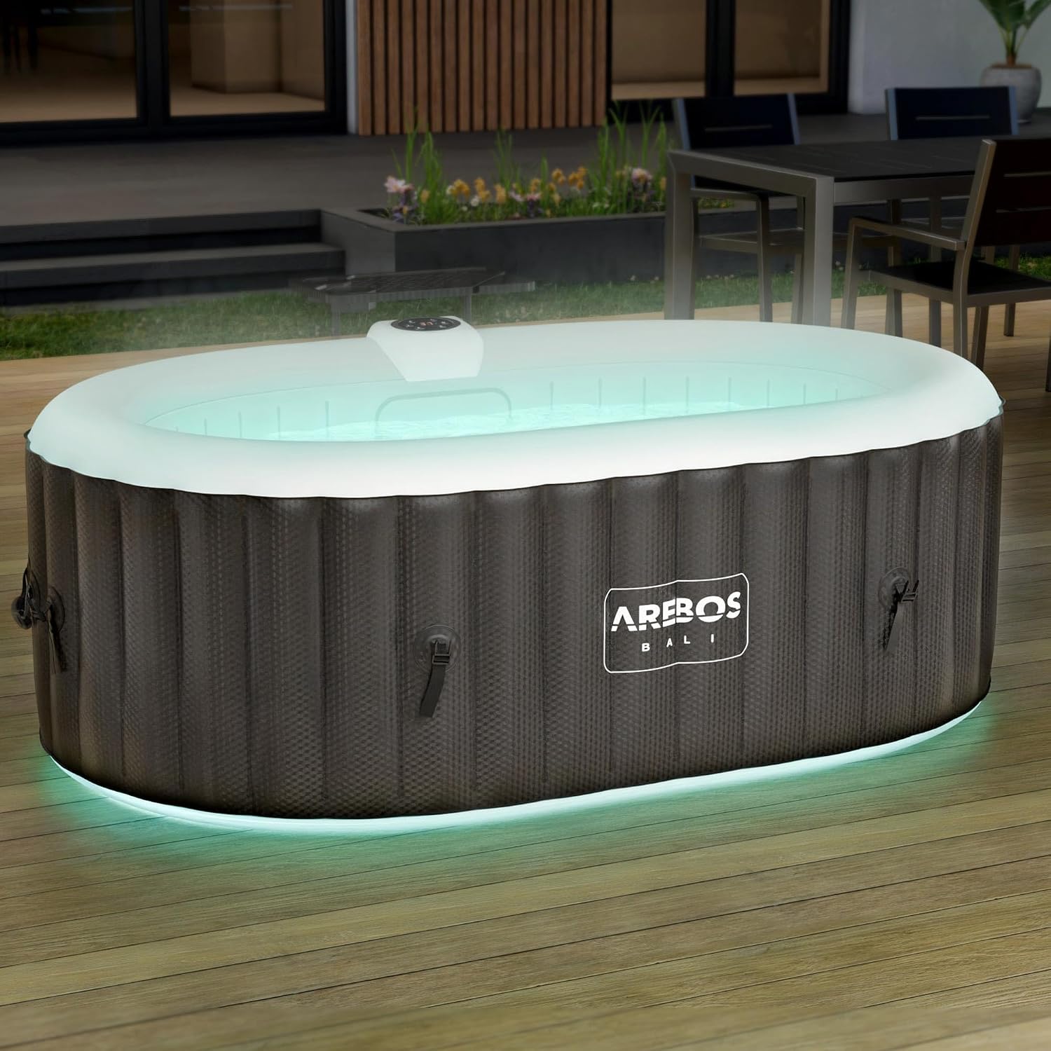Arebos Nadmuchiwane spa z oświetleniem LED | Nadmuchiwane | Wnętrze i na zewnątrz | 190x120 cm Owal | 2 osoby | 90 dysz masujących | z ogrzewaniem | 550 litrów | Okładka w zestawie | Bąbelkowe Spa
