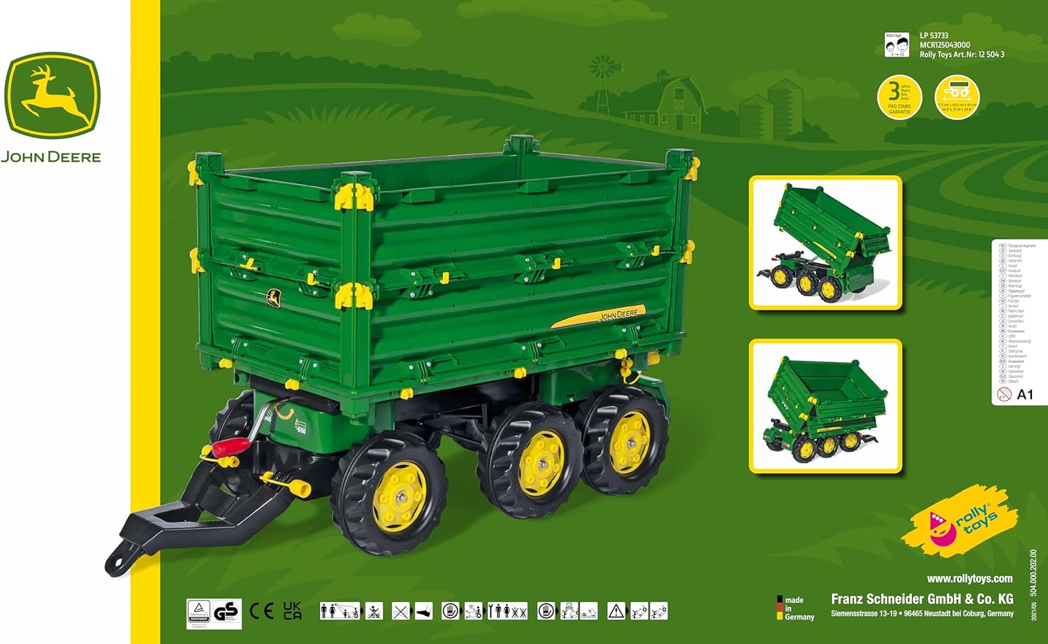 Rolly Toys 12/504/3 Rollymulti Trailer John Deere - Remolque de juguete de 3 ejes , Modelos/colores Surtidos, 1 Unidad