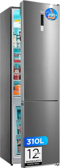 Midea Frigorífico Combi No Frost | 60 cm ancho x 188 alto cm | Inox | Nevera libre instalación 224 L + 86 L Congelador - Refrigerador de bajo consumo con congelador vertical