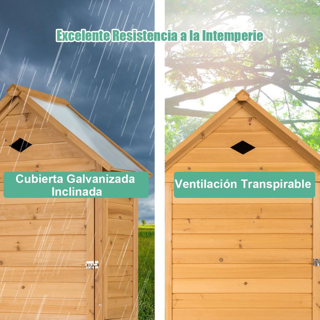 COSTWAY Caseta Jardin Exterior de Madera, Cobertizo Jardin Exterior con 5 Estantes y 2 Puertas con Cerradura, Armario para Herramientas con Techo Impermeable para Jardín Balcón Terraza (70x45x160cm)