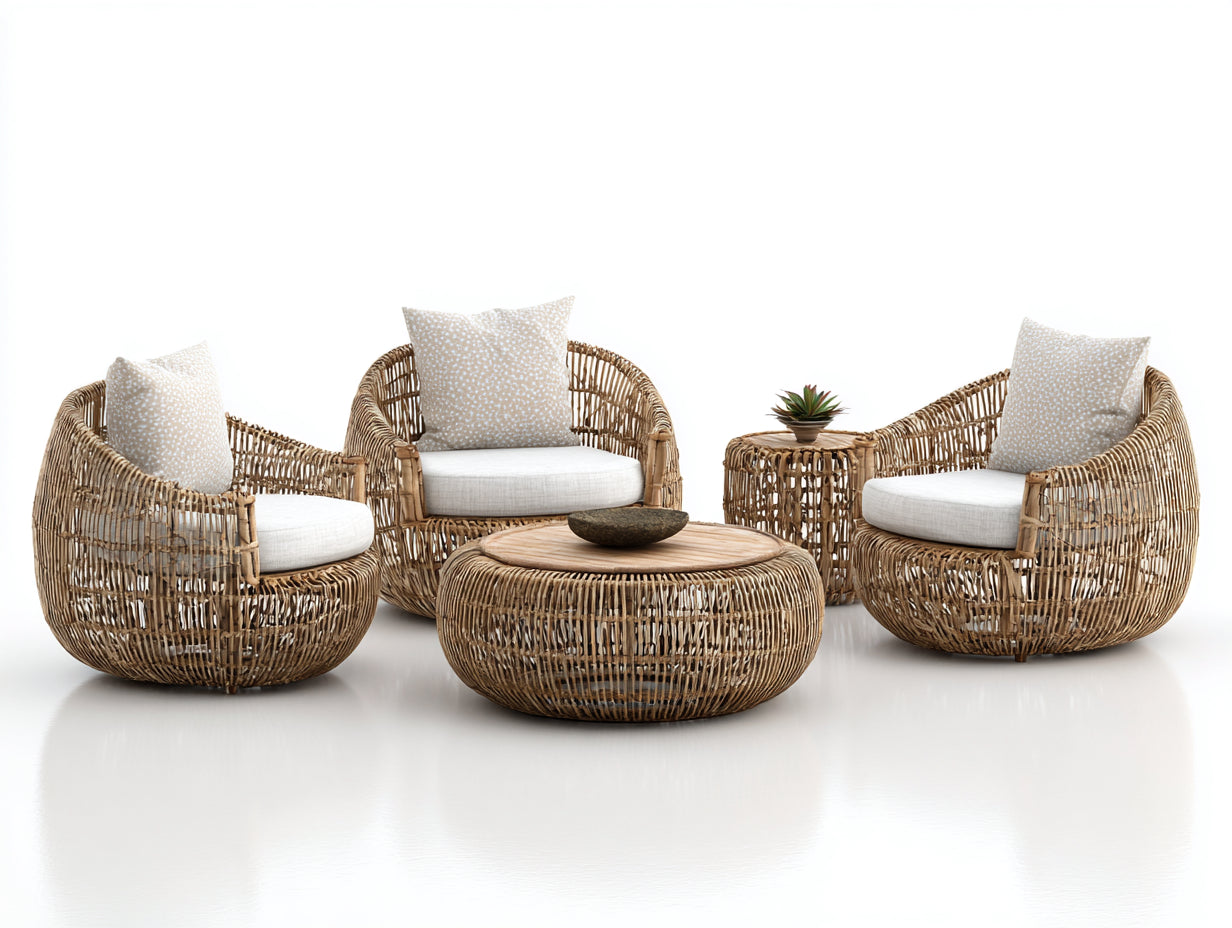 Sofás de jardín ratán natural con cojines beige y mesa redonda 180x80x75 cm - diseño moderno para exterior
