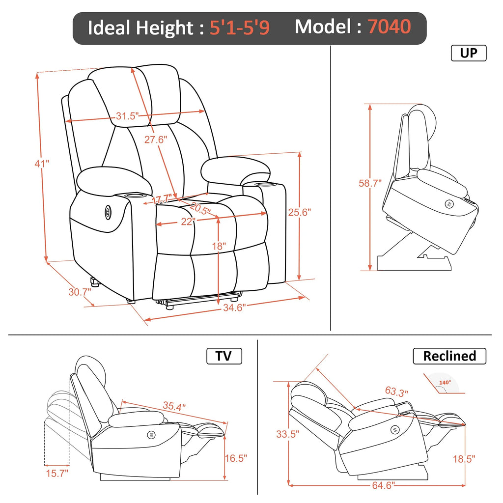 Mcombo Sillón Reclinable Eléctrico con Masaje y Carga USB