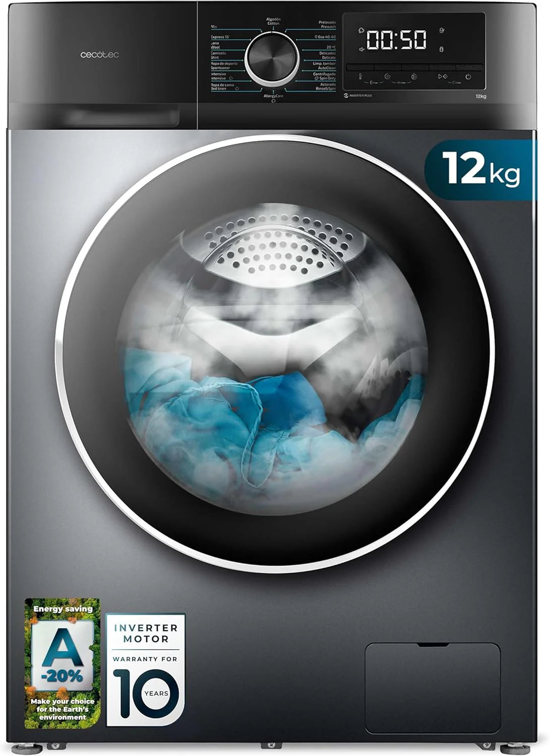 Cecotec Washing Machine 9 kg Front Load Bolero Dresscode 9500 Inverter Steel A. 1900W, 1400 rpm, Inverter Plus Motor, Low Consumption, 16 Programs, SteamMax, Delay Start, Steel
