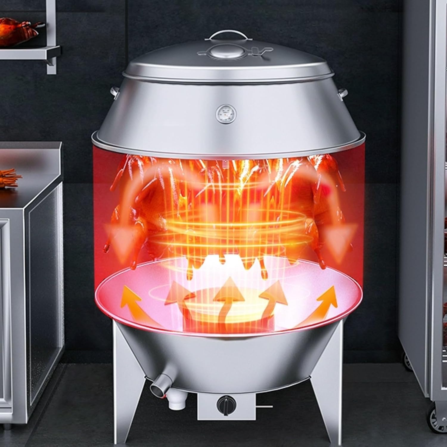 Ahumador Asador Barril Gran Capacidad Fabricado en Acero Inoxidable Totalmente Lavable Horno Circular Colgante De 360° Con Termómetro Y Puerta Central Barbacoa Portatil