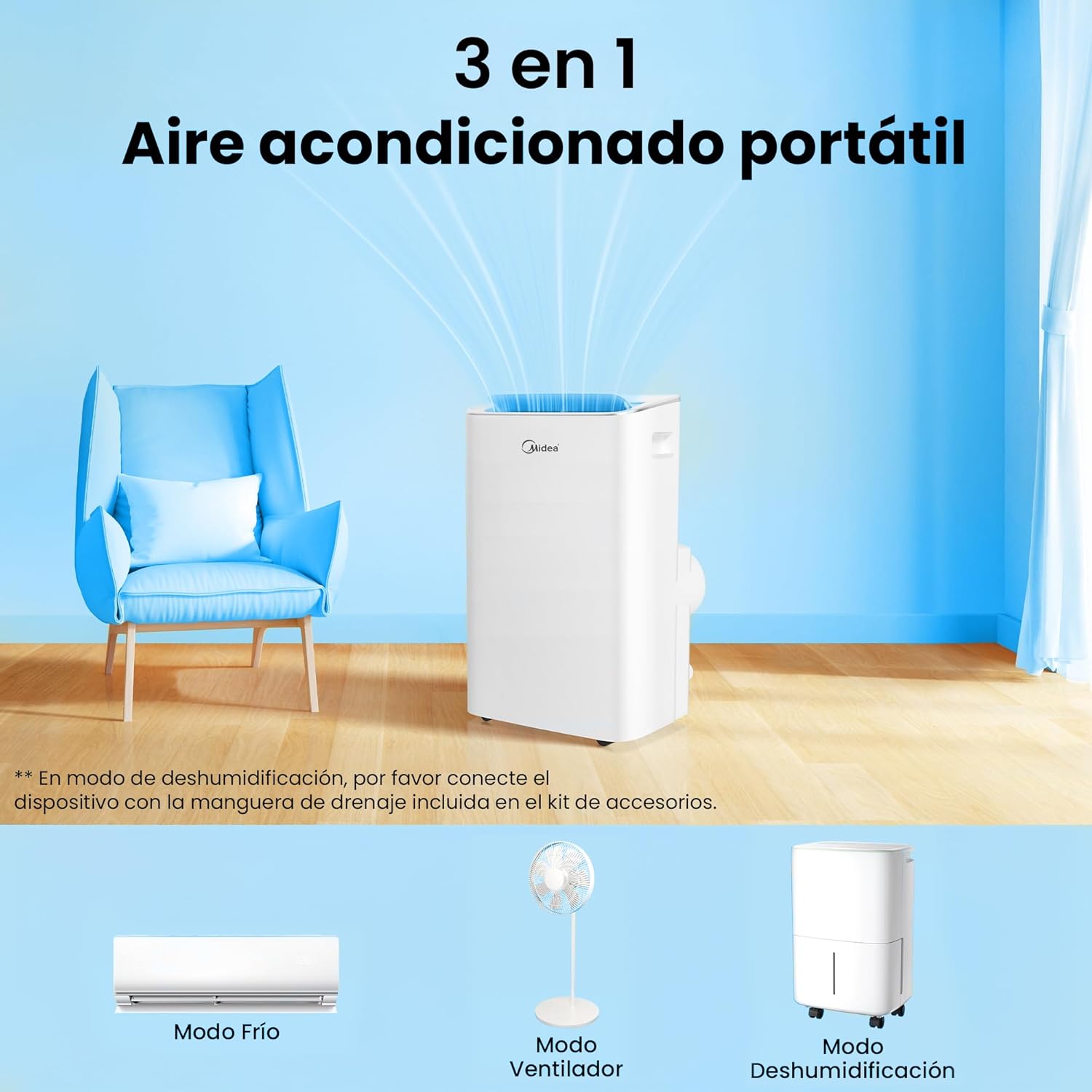 MIDEA Pingüino Aire Acondicionado Portátil 3 en 1 | 3000 Frigorías / 12000 BTU | Air conditioner Silencioso 43m2 - Deshumidificador Ventilador Climatizador 3500 W - 4 modalidades con kit de ventana