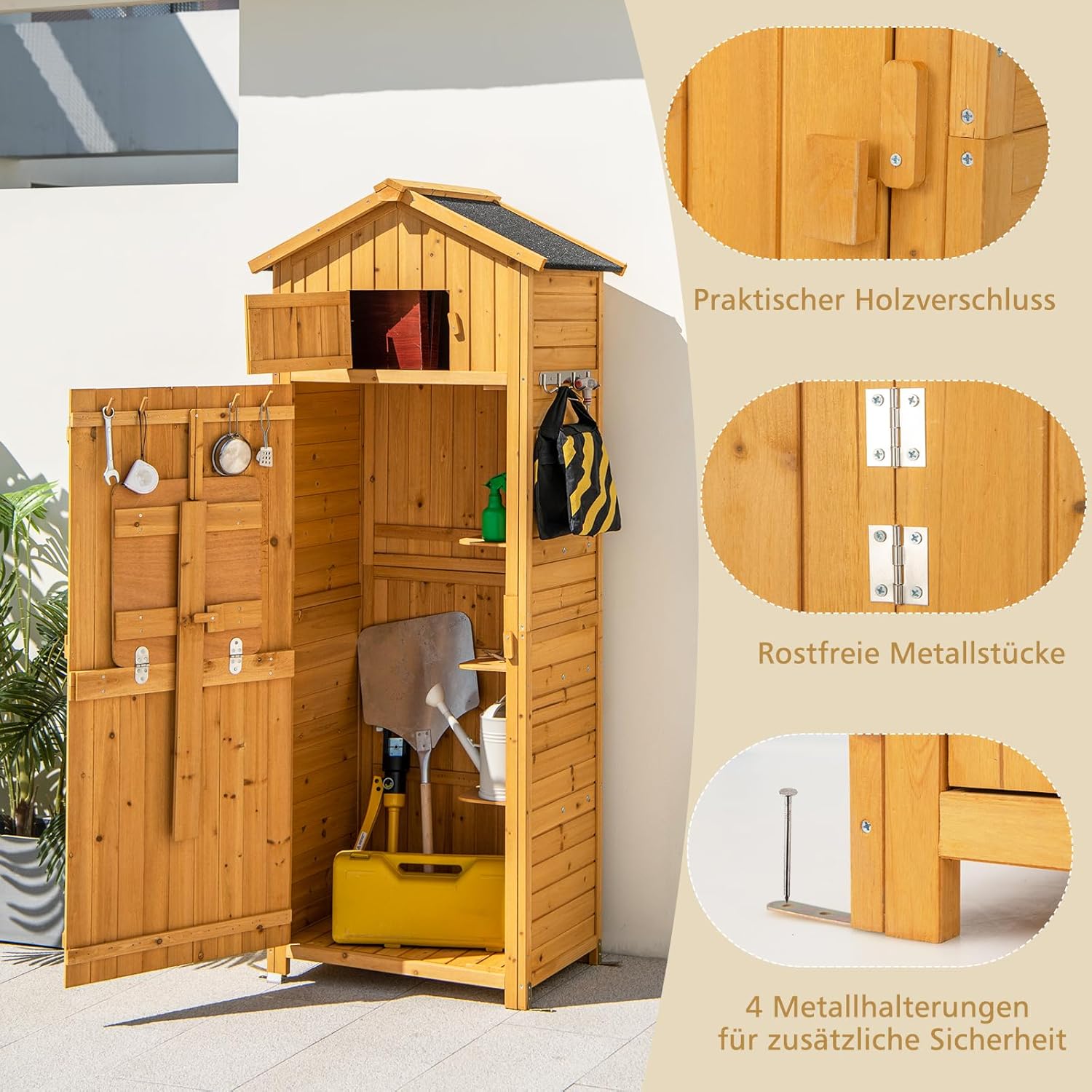 RELAX4LIFE Cobertizo de Madera con Techo a 2 Aguas de Asfalto, Armario de Jardín con 8 Ganchos, 3 Estantes Extraíbles y Mesa Plegable para Herramientas de Jardinería