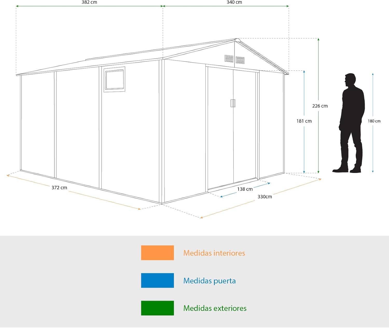 Gardiun Caseta Metálica Surrey 13 m2 Exterior 340x382x226 cm de Acero con Ventana Lateral y Efecto Madera Veteada
