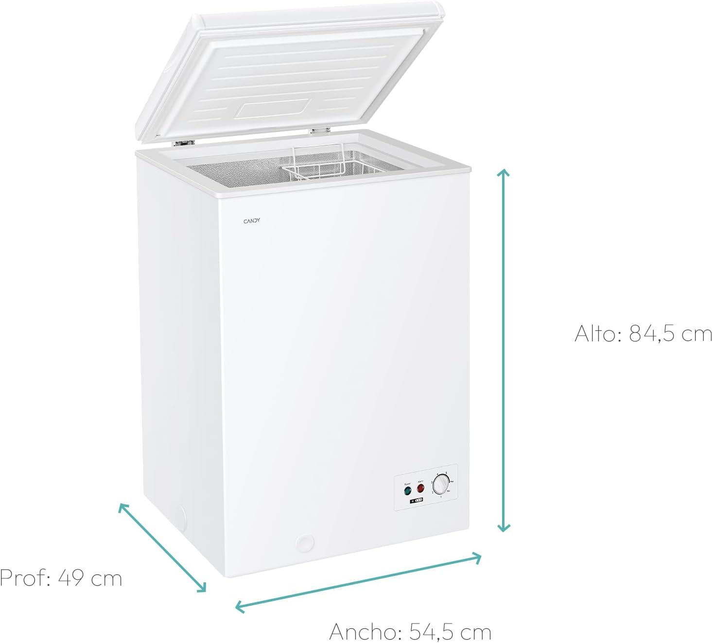 Candy CCHH 100E, Congelador Arcón Horizontal, Ancho 55CM, 97L, Tecnología Estática, 1 Cesto, Control Electrónico Externo, Indicador de Temperatura, Alarma Aumento de Temperatura, 39DB, Blanco