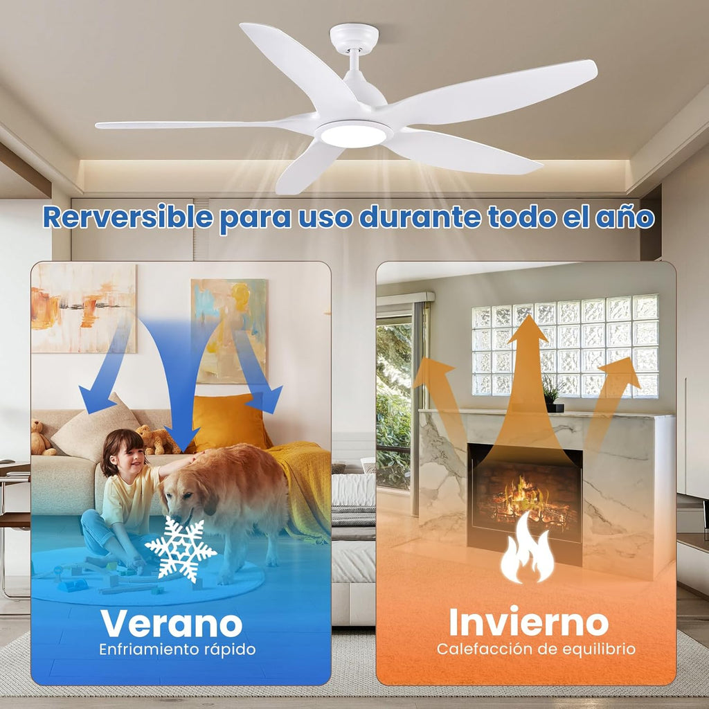 Newday 153cm Grande Ventilador de Techo Blanco con Luz y Mando a Distancia, LED Dimmer, Motor DC reversible para uso en verano e invierno, 5 aspas Silencioso para Dormitorio Sala de estar del Balcón