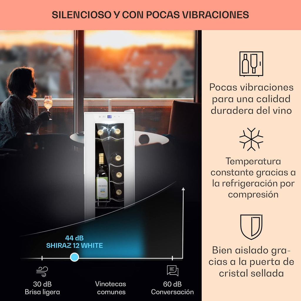 KLARSTEIN Vinoteca para Vinos de 32L Nevera Vino Una Zona, Botellas Vino, Proseco y Cervezas, Vinoteca Pequeña Puerta Cristal para Interior y Exterior, Nevera para Vinos Capacidad 12 Botellas