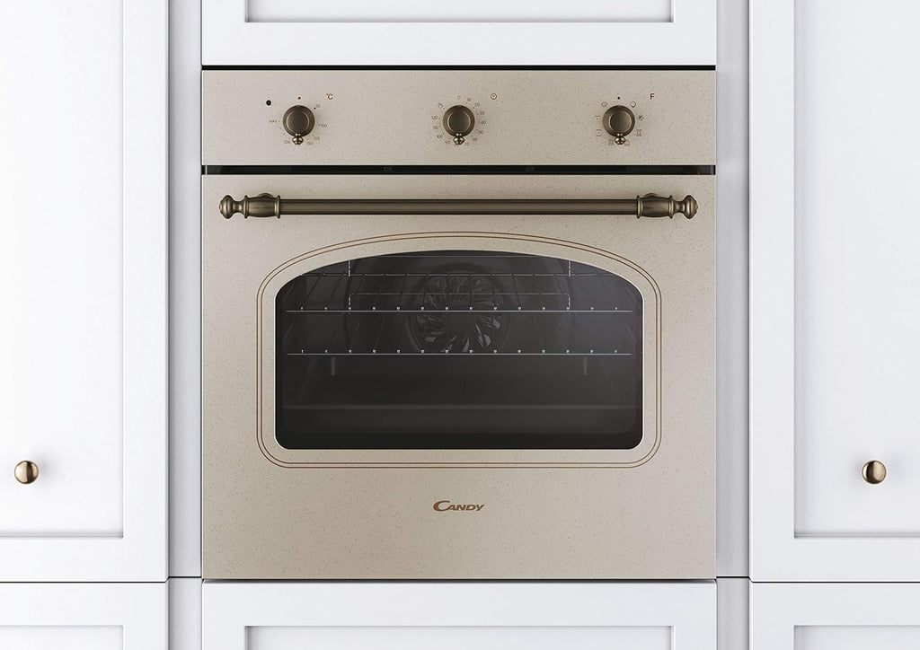Candy FCC603NAV - Horno eléctrico empotrable, ventilado, capacidad 65 litros, multifunción y función pizza, 8 programas, 56,8 x 59,5 x 59,5 cm, estilo rústico, avena, clase A+
