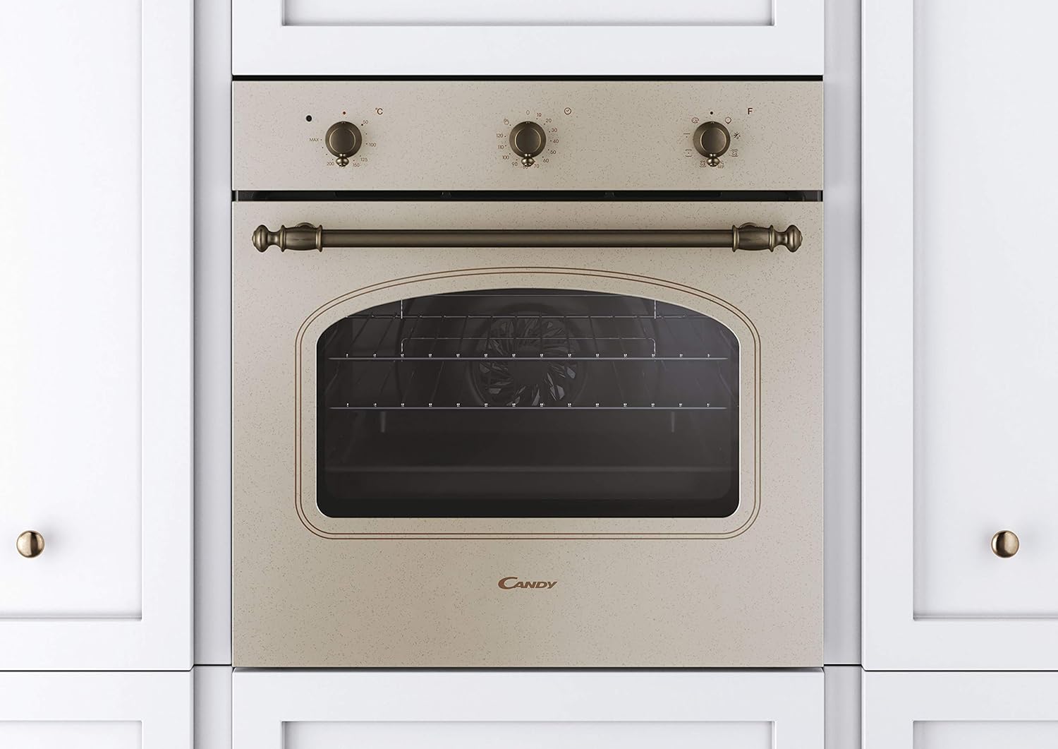 Candy FCC603NAV - Horno eléctrico empotrable, ventilado, capacidad 65 litros, multifunción y función pizza, 8 programas, 56,8 x 59,5 x 59,5 cm, estilo rústico, avena, clase A+