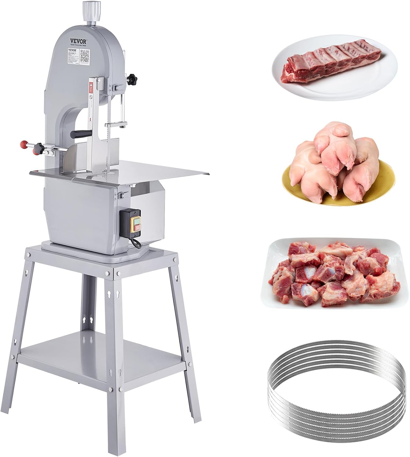 VEVOR Sierra Eléctrica Comercial para Huesos de Carnicero Sierra de Cinta para Huesos 1500 W 300 kg/h Sierra Eléctrica para Carne Congelada y Huesos Espesor 4-200 mm para Restaurante 54x49,5x142 cm