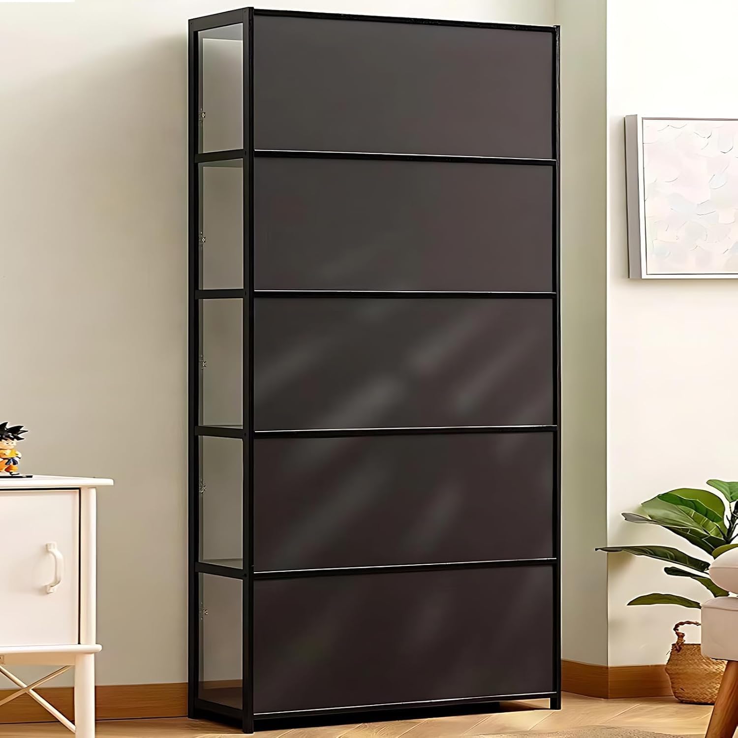 Vitrina Puerta de acrílico, Vitrina con 5 estantes, Organizador de Juguetes colección, estantería Dormitorio, rincón de Lectura, niños, bambú (Doble Apertura Negra)