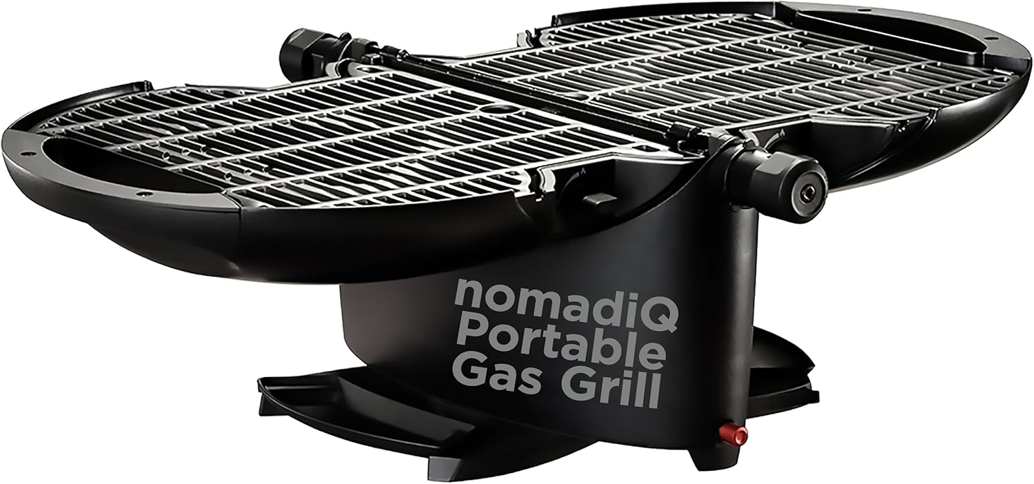 NOMADIQ Parrilla portátil de gas propano | Pequeña, pequeña y ligera barbacoa de mesa | Perfecta para camping, portón trasero, cocina al aire libre, RV, barcos, viajes (parrilla)