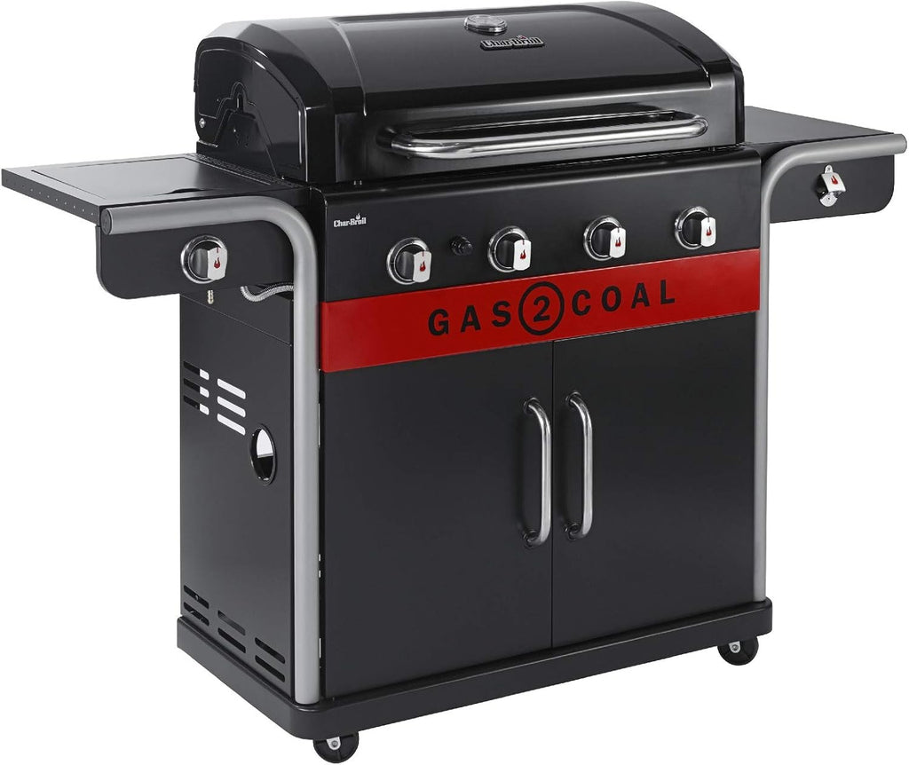 Char-Broil Barbacoa de Gas Gas2Coal 2.0 440 - Barbacoa híbrida de 4 quemadores con 2 bandejas para carbón patentadas, 2 grandes puertas - Ideal para cocinar al aire libre, jardín y patio