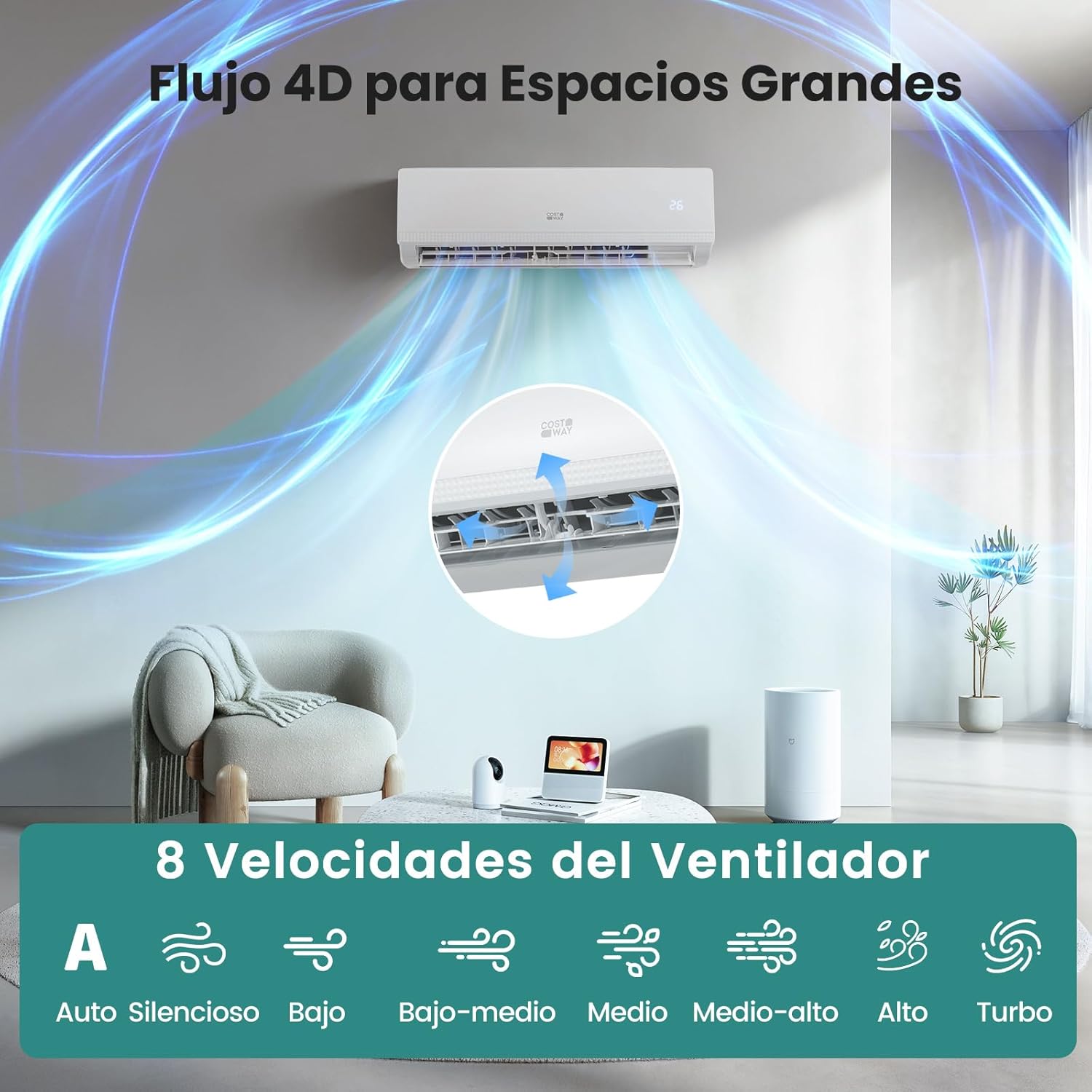 COSTWAY Aire Acondicionado Split, 2,6 kW, Aire Acondicionado con Calefacción con Bomba de Calor,Refrigerante: R32, Calefactor y Refrigerador con Kit de Instalación para Habitación hasta 70m³ (9000BTU)