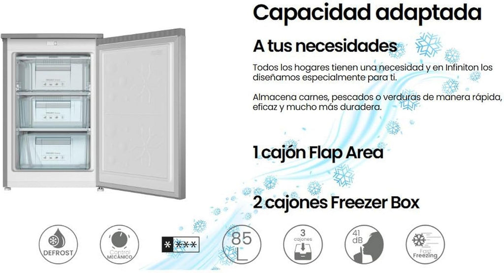 INFINITON CV-A85I - Congelador vertical, 80 Litros, 85 cm, 3 cajones, Control de temperatura, Puerta reversible, Regulación en Altura, E, Inox