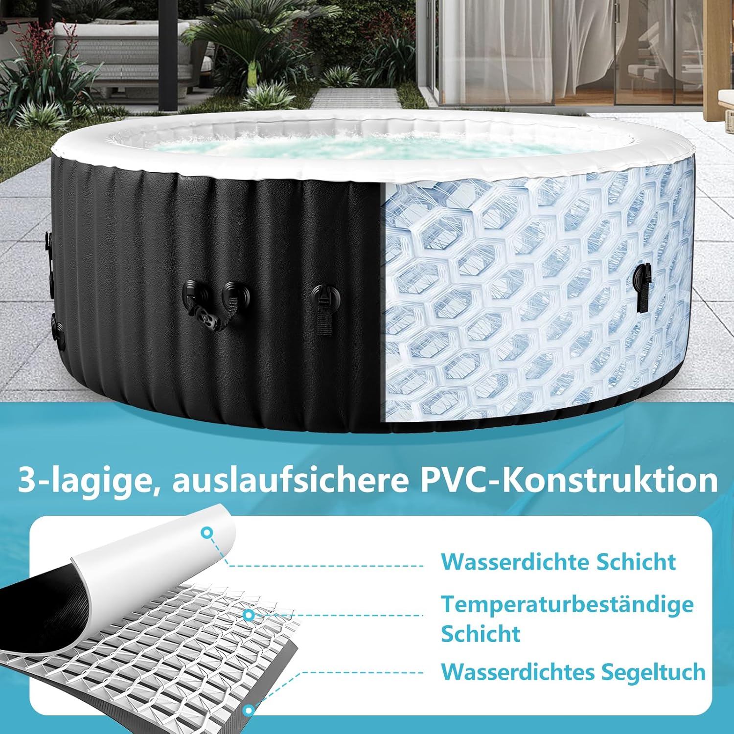Hot Tub hinchable para 4 personas, 2400 W interior/exterior, piscina de spa de invierno, con 120 chorros de aire, protección contra heladas, 799 litros, a prueba de fugas, ahorro de energía