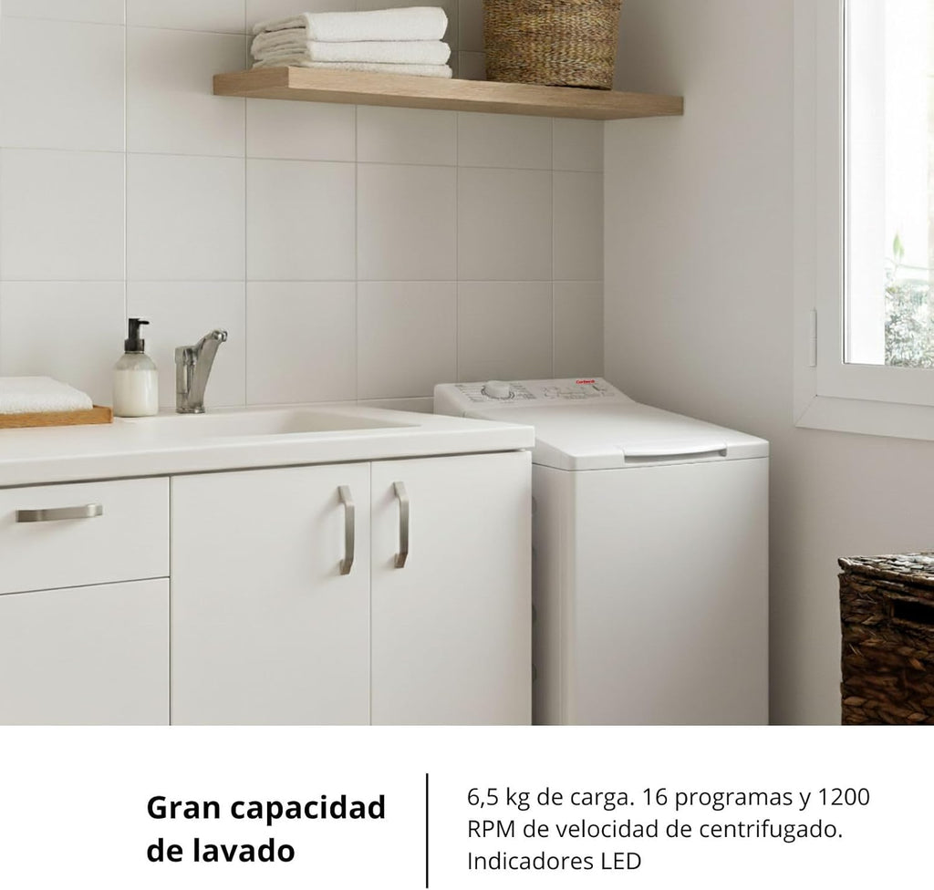 Corberó - Lavadora Carga Superior 6.5kg| CLACSM6524 | 1200 RPM | 16 Programas, Función Vapor, ECO, limpieza tambor| Inicio Diferido| Lavado Rápido | Planchado Fácil | Indicadores LED | Blanco