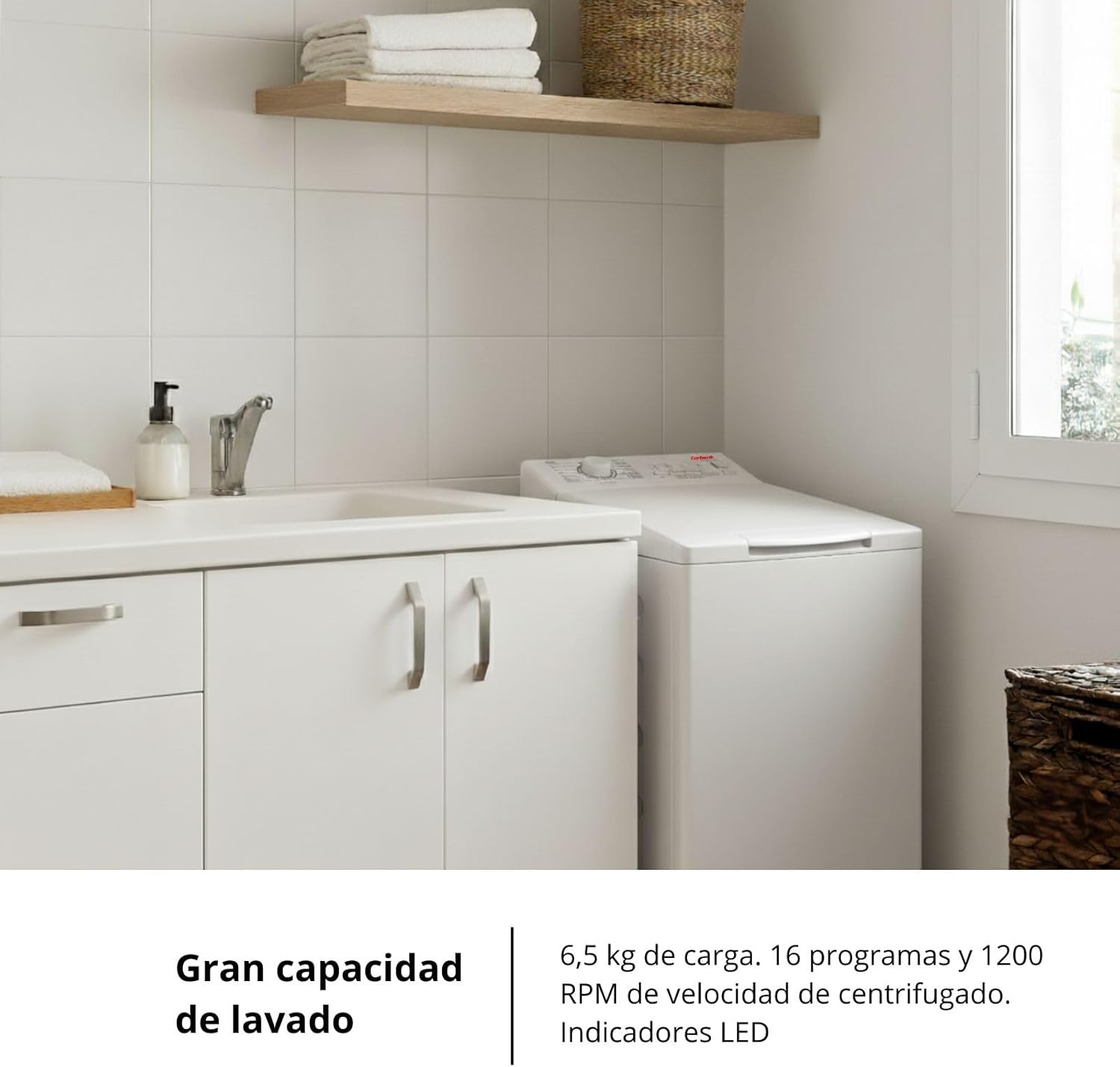 Corberó - Lavadora Carga Superior 6.5kg| CLACSM6524 | 1200 RPM | 16 Programas, Función Vapor, ECO, limpieza tambor| Inicio Diferido| Lavado Rápido | Planchado Fácil | Indicadores LED | Blanco