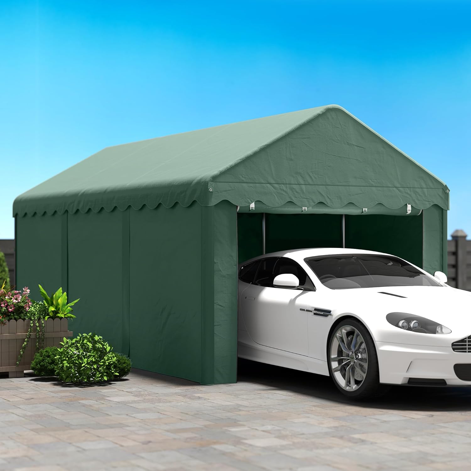 Outsunny Carpa Garaje 6x3 m Garaje Exterior para Coche Impermeable Garaje Portátil Anti-UV con Paredes Laterales Desmontables y 2 Puertas con Cremallera Verde