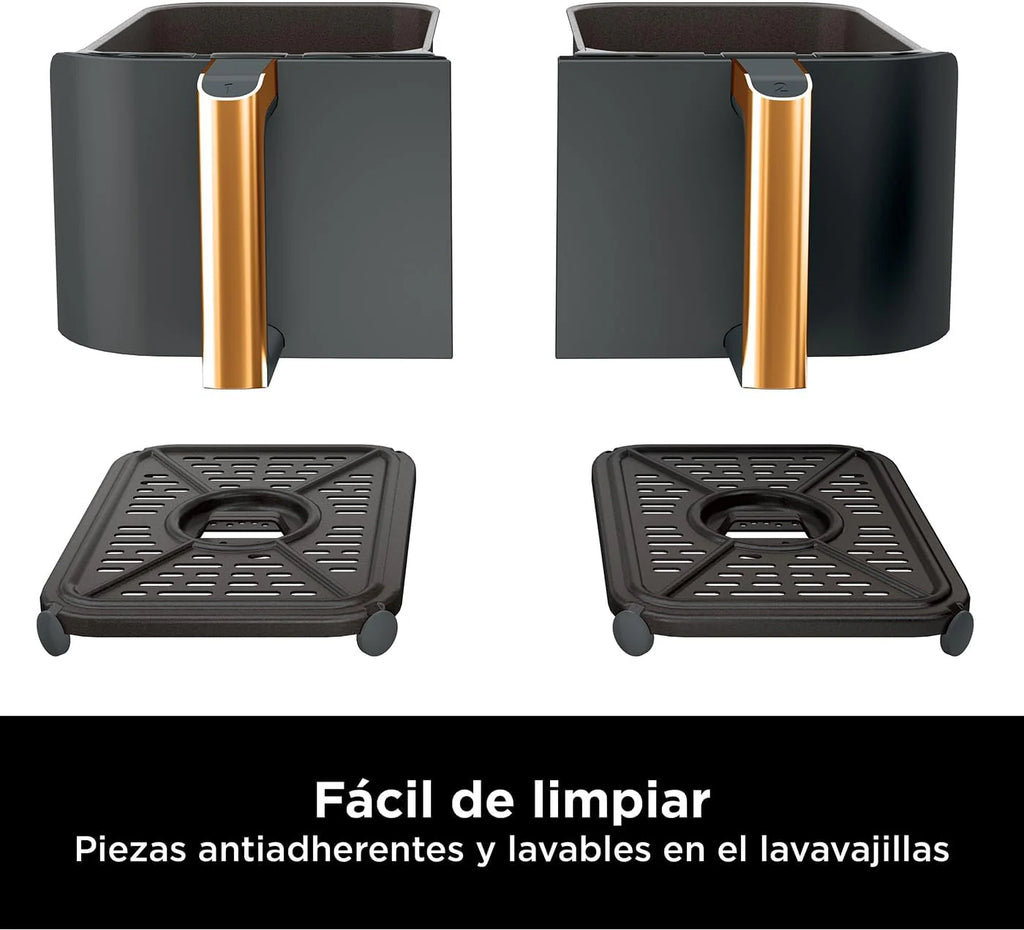 Ninja Foodi MAX Dual Compartment Air Fryer, 9.6L, 6-in-1, No Oil, Max Crisp, Roast, Bake and More, Tongs, 8 Servings, Non-Stick Baskets, Copper & Black, AF400EUCP