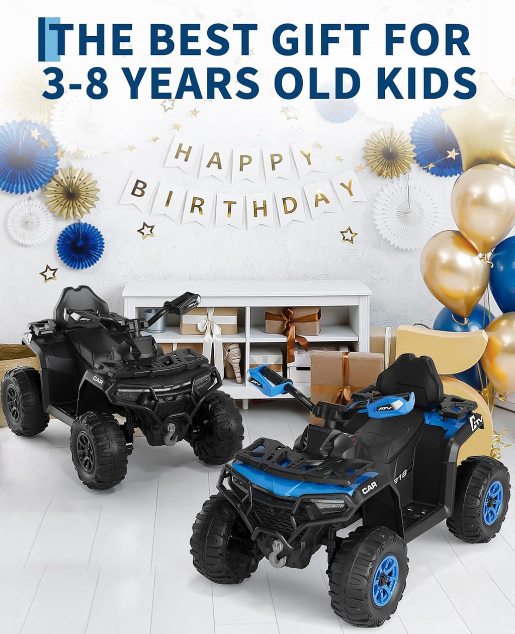 Garvee Quad Eléctrico Niño 12 V, Coche Eléctrico 4 Ruedas Todoterreno con 2 Motores, Mando a Distancia Parental, Suspensión, Faros LED, Música, Bluetooth, USB, Bandera Luminosa, a Partir de 3 años
