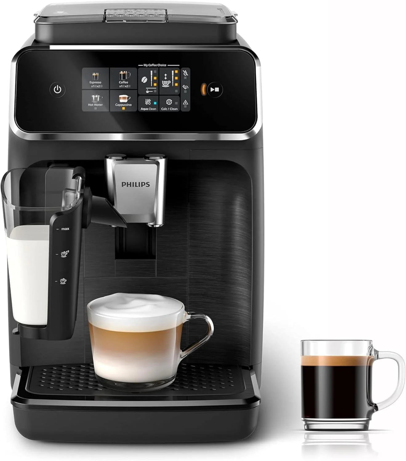 Philips 2300 Series Superautomatic Coffee Maker - LatteGo Milk System, 4 Coffee Types, Color Touch Screen, SilentBrew, Ceramic Grinder, Matte Black (EP2330/10)
