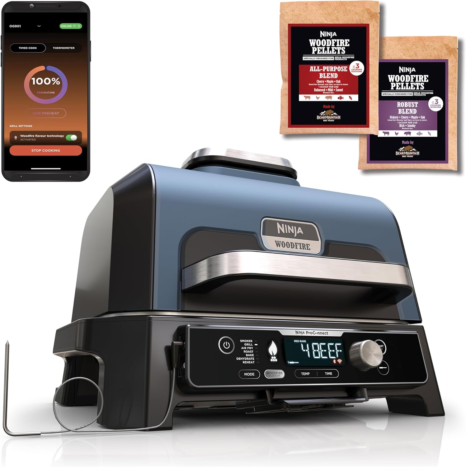 Ninja Woodfire Pro Connect XL Grill elektryczny BBQ I wędzarnia ze sterowaniem za pomocą aplikacji, 2 cyfrowymi sondami, dużym grillem zewnętrznym i smażeniem beztłuszczowym 7 w 1, OG901EUAMZ