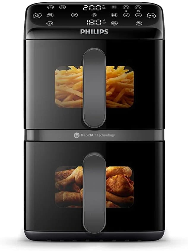 Philips Airfryer Series 4000 Double Vertical Basket 10L – RapidAir Technology, Sync, 2 Baskets at Once, 45% Less Space, PFAS Free Ceramic Coating, Viewing Windows (NA460/00)