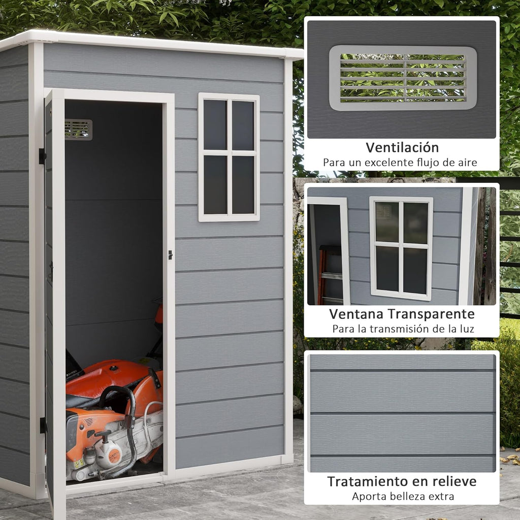 Outsunny Caseta de Jardín Exterior, 1,14 m², 151x92x193 cm, Cobertizo de Jardín Exterior con Suelo, Puerta Corredera, Ventana y Techo Inclinado, para Almacenamiento de Herramientas, Gris