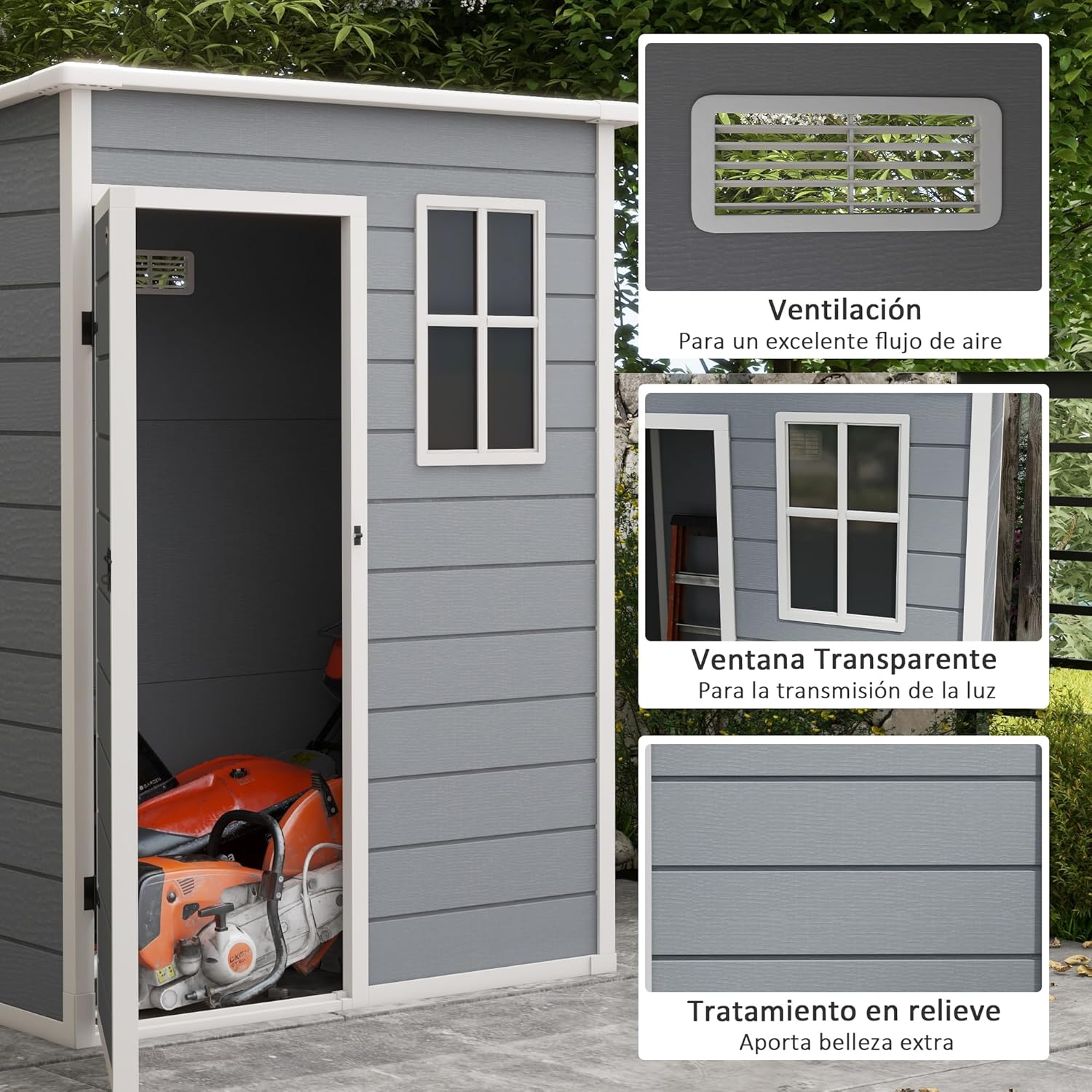 Outsunny Caseta de Jardín Exterior, 1,14 m², 151x92x193 cm, Cobertizo de Jardín Exterior con Suelo, Puerta Corredera, Ventana y Techo Inclinado, para Almacenamiento de Herramientas, Gris