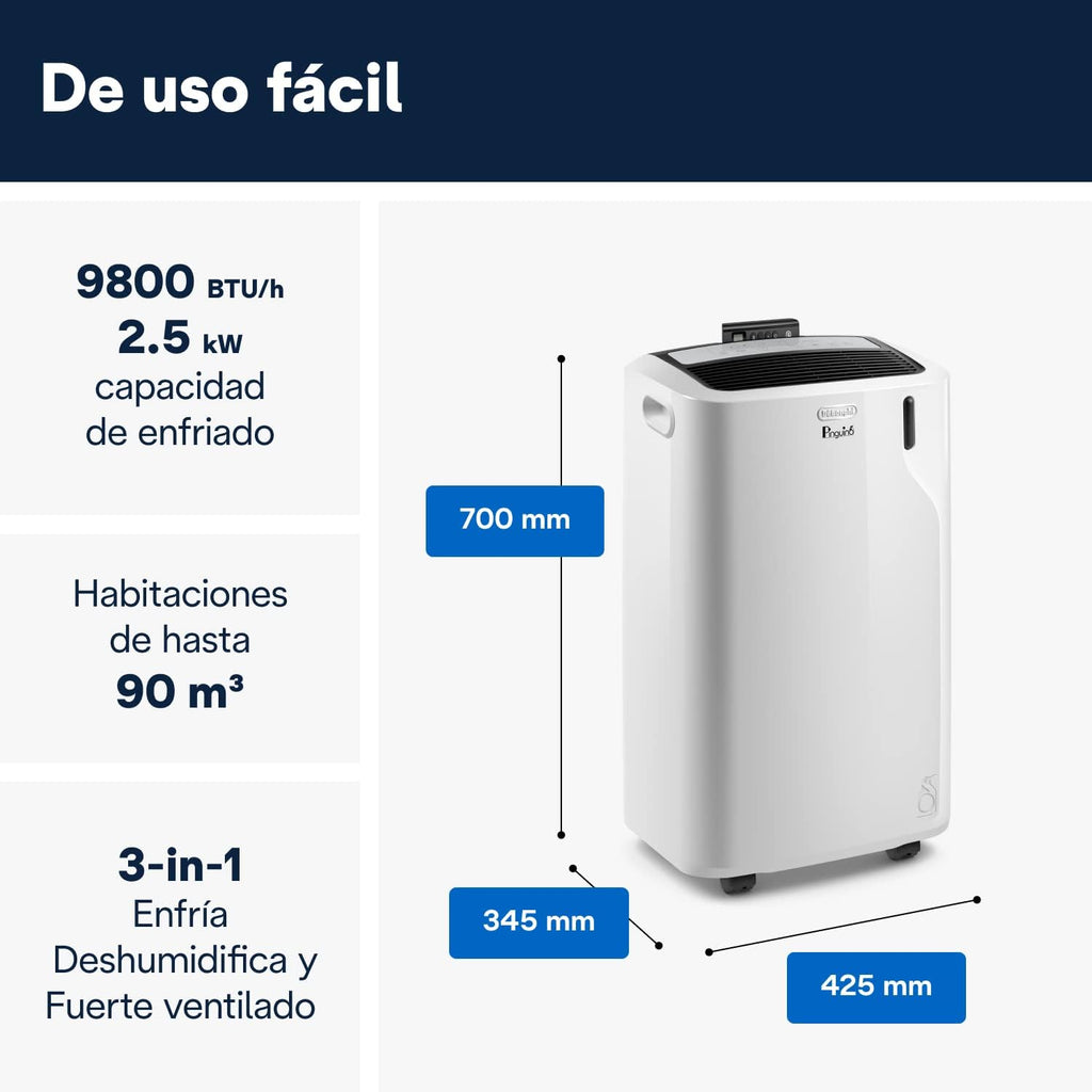 Pinguino PAC EM90K SILENT Aire Acondicionado Portátil 9.800 BTU/h, 2.5 kW, hasta 85m³, Función Deshumidificador y Ventilación