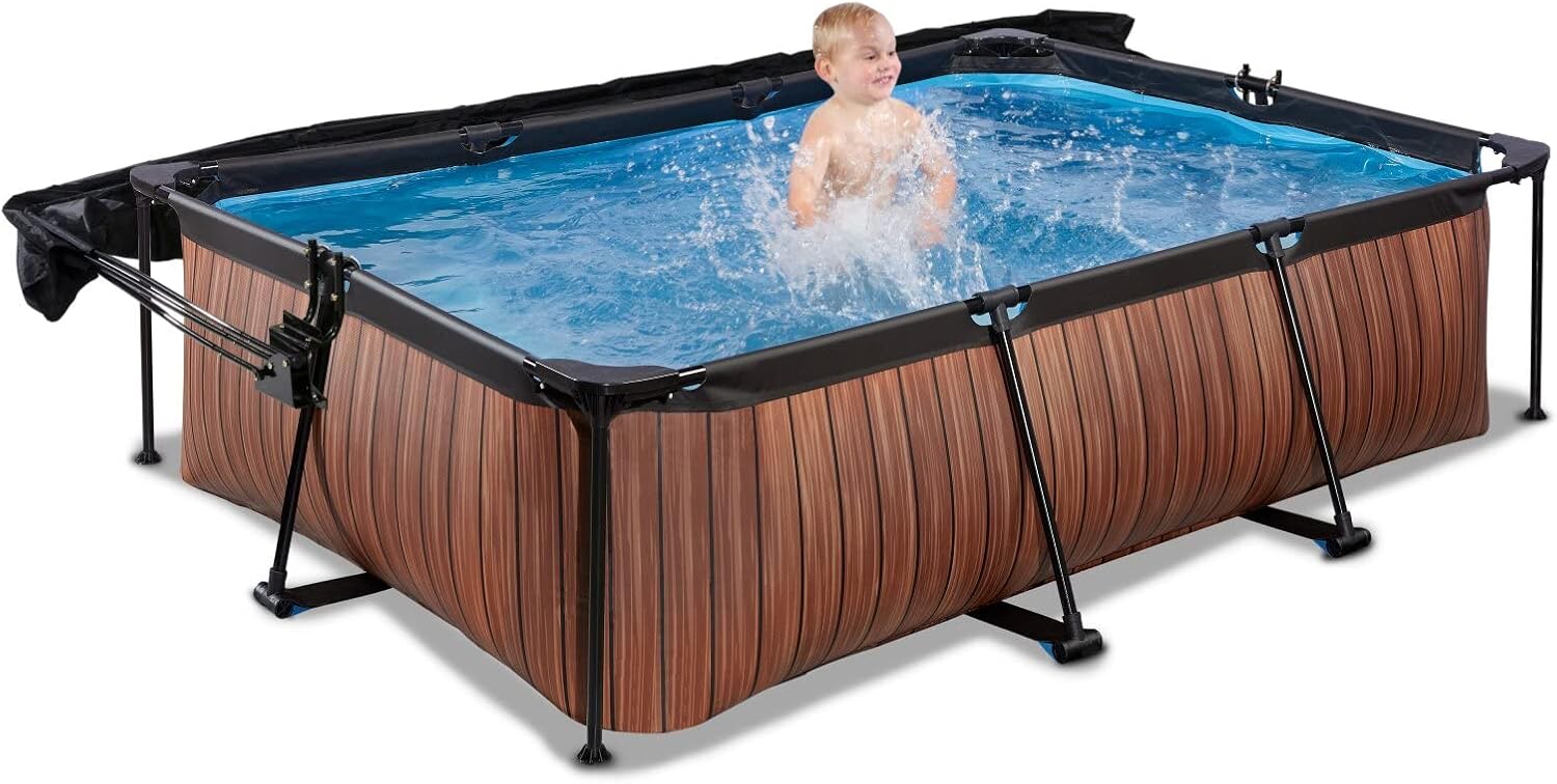 EXIT Toys Wood Pool con Toldo Solar - 220x150x65cm - Piscina de Marco Rectangular Compacta con Bomba de Filtro de Cartucho - Protección UV Óptima - Fácil Acceso - Diseño Único - Marrón