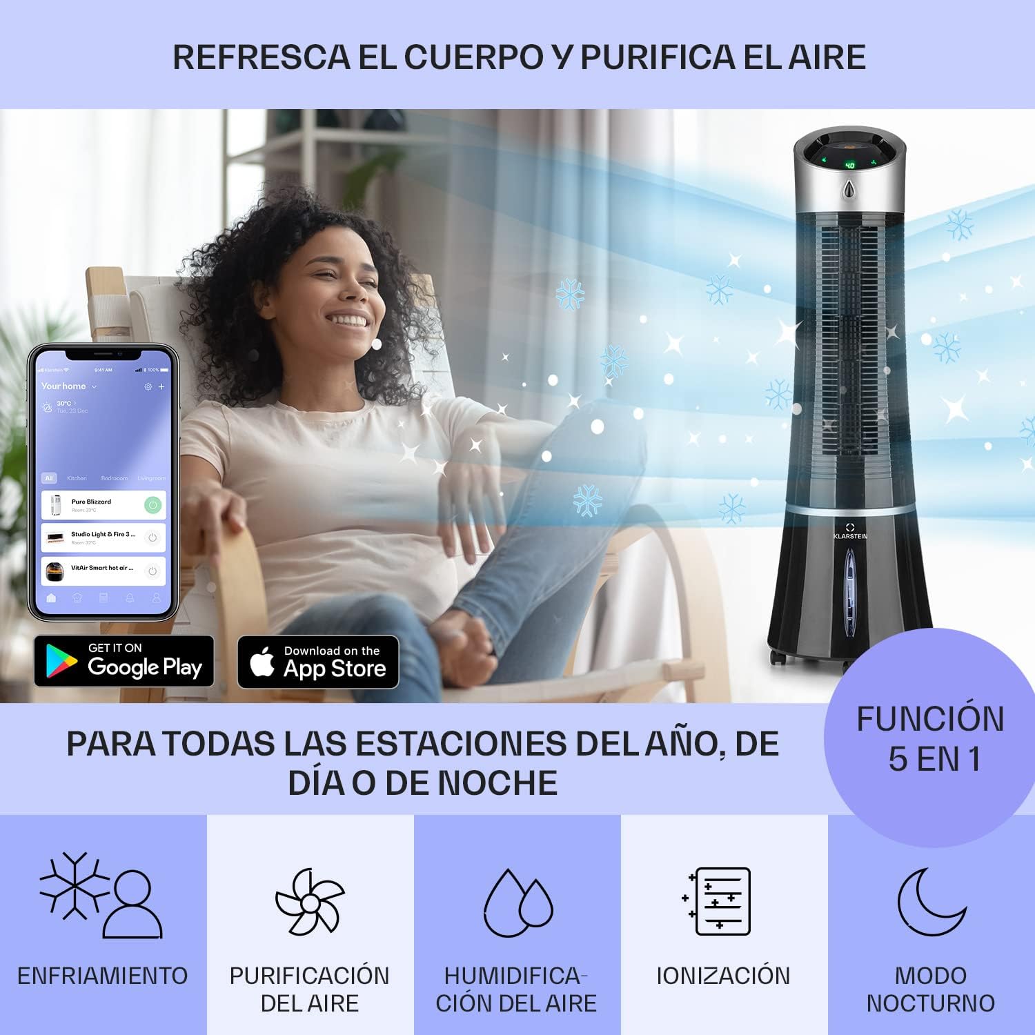 Klarstein Skyscraper Ice Smart Climatizador Evaporativo – 4 en 1: Ventilador, Enfriador, Purificador & Humidificador, 210 m³/h, Control App & Alexa, Depósito 6L, Oscilación, Ionizador, Negro