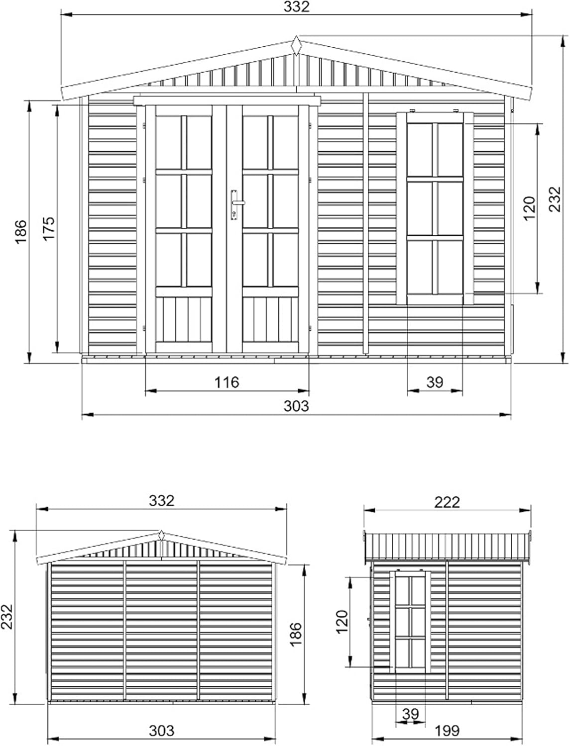 TIMBELA Caseta de jardín de Madera de 6 m2 - Cobertizo Jardin Exterior con Suelo, Ventana, Puerta Doble - Cabaña de jardín para Trabajar en casa - con Tejas bituminosas Verde M334FB+H334FBGREEN