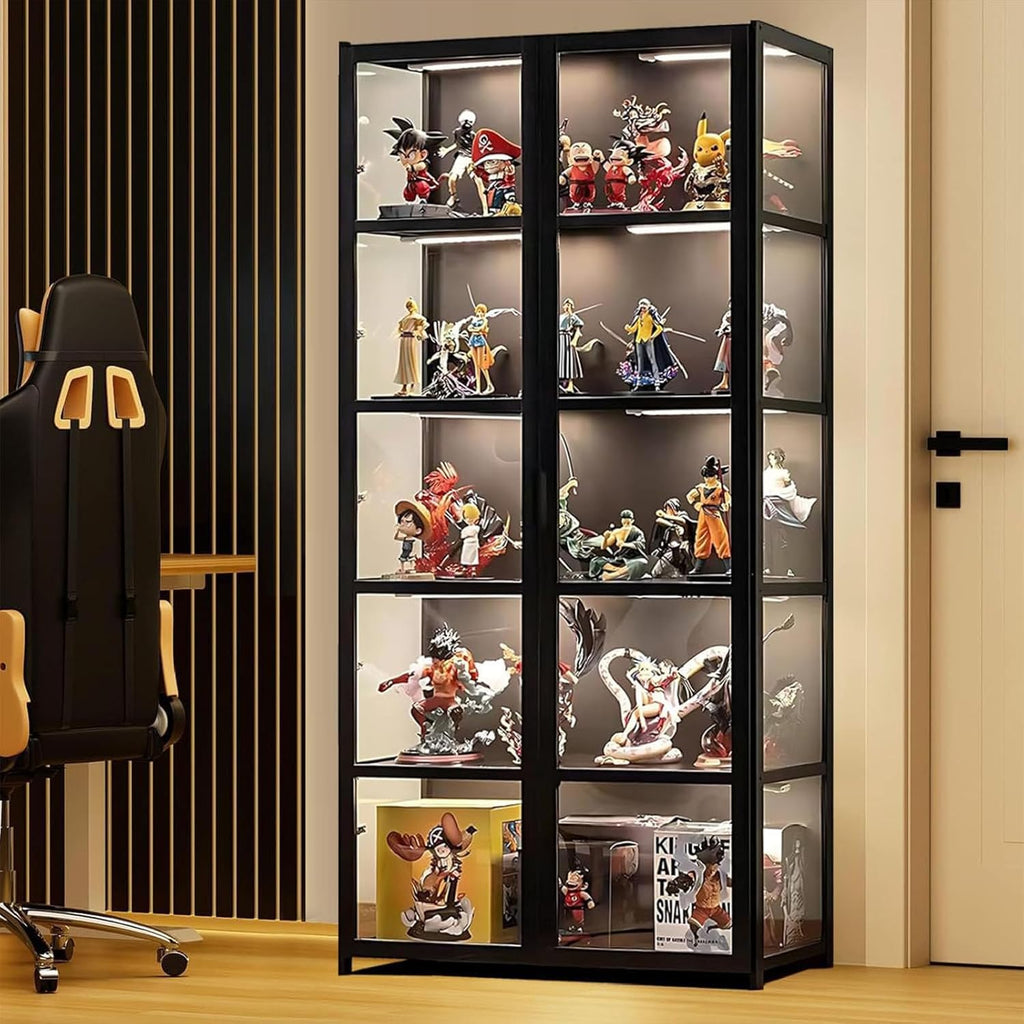 Vitrina Puerta de acrílico, Vitrina con 5 estantes, Organizador de Juguetes colección, estantería Dormitorio, rincón de Lectura, niños, bambú (Doble Apertura Negra)