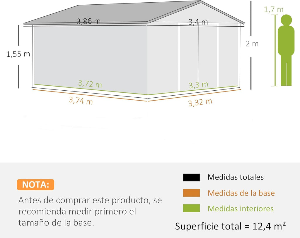 Outsunny Caseta de Jardín Exterior, 12,4 m² 340x386x200 cm, Cobertizo de Jardín Exterior Metálico con Techo de Fibra de Vidrio, Puerta Corredera, Base Refuerzo (Suelo NO Incluido) y Ventanas Marrón