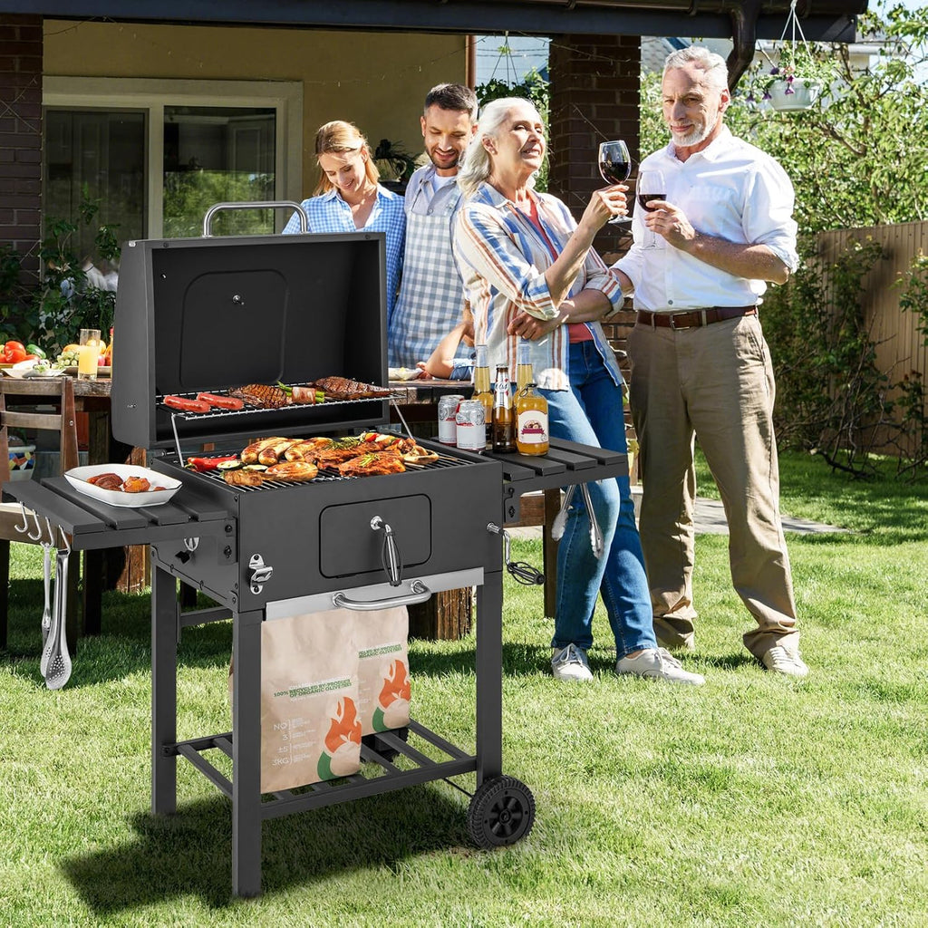 COSTWAY Barbacoa Carbon XXL, Barbacoa Portatil 128 x 54x 117 cm, Tapa, Termómetro, 2 Mesas Laterales Plegables, 8 Ganchos, 2 Ruedas y Abridor de Botellas