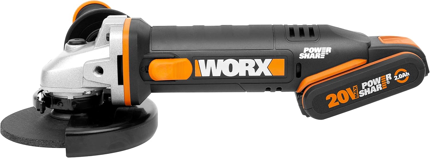 WORX | Amoladora 125mm 20V | PowerShare | WX803 | Incluye 2 baterías 2Ah y 4Ah | Bloqueo del husillo | interruptor lateral | Sistema de ajuste rápido sin herramientas | Mango auxiliar