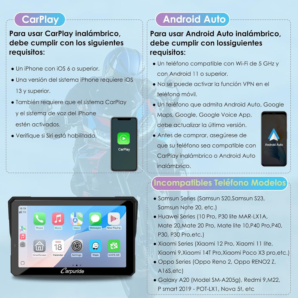 CARPURIDE W702S Pro Motocicleta CarPlay Pantalla con BM05 Soporte para Conectar y Usar, Inalámbrico CarPlay y Android Auto, 7" Impermeable Táctilpantalla, Dual Bluetooth, Control con Cable, Brújula.