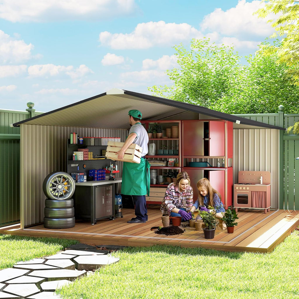 Outsunny Caseta de Jardín Exterior, 12,4 m² 340x386x200 cm, Cobertizo de Jardín Exterior Metálico con Techo de Fibra de Vidrio, Puerta Corredera, Base Refuerzo (Suelo NO Incluido) y Ventanas Marrón