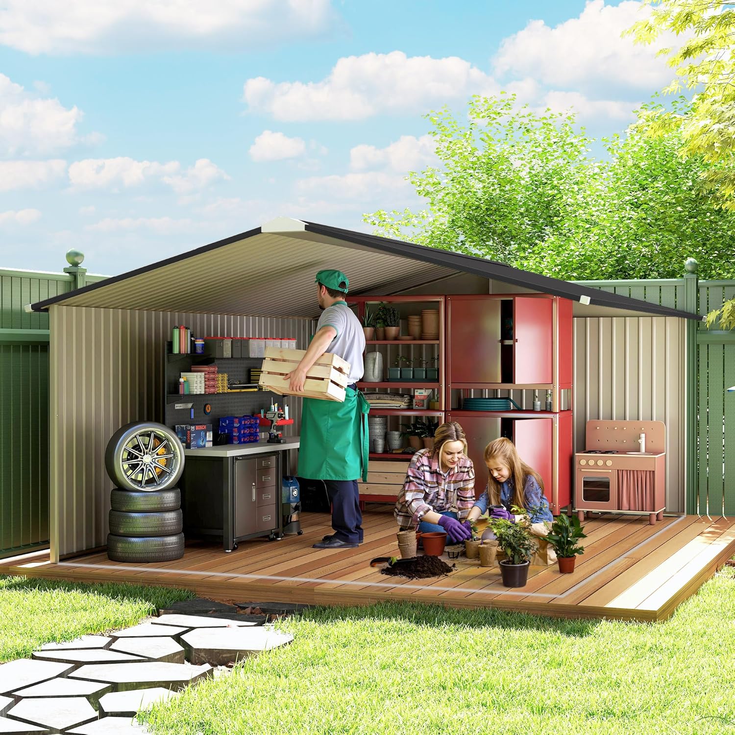 Outsunny Caseta de Jardín Exterior, 12,4 m² 340x386x200 cm, Cobertizo de Jardín Exterior Metálico con Techo de Fibra de Vidrio, Puerta Corredera, Base Refuerzo (Suelo NO Incluido) y Ventanas Marrón