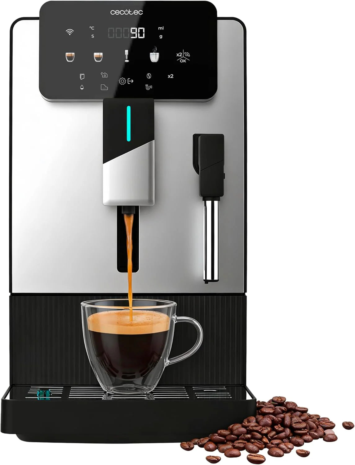 Cecotec Cremmaet Latte Touch Superautomatic Coffee Maker, 19 Bars, Thermoblock, 12 Beverages, 4 Profiles, Water 1.1L and 400 ml Milk, TFT Screen, Conical Grinder, Automatic Cleaning, Adjustable Height