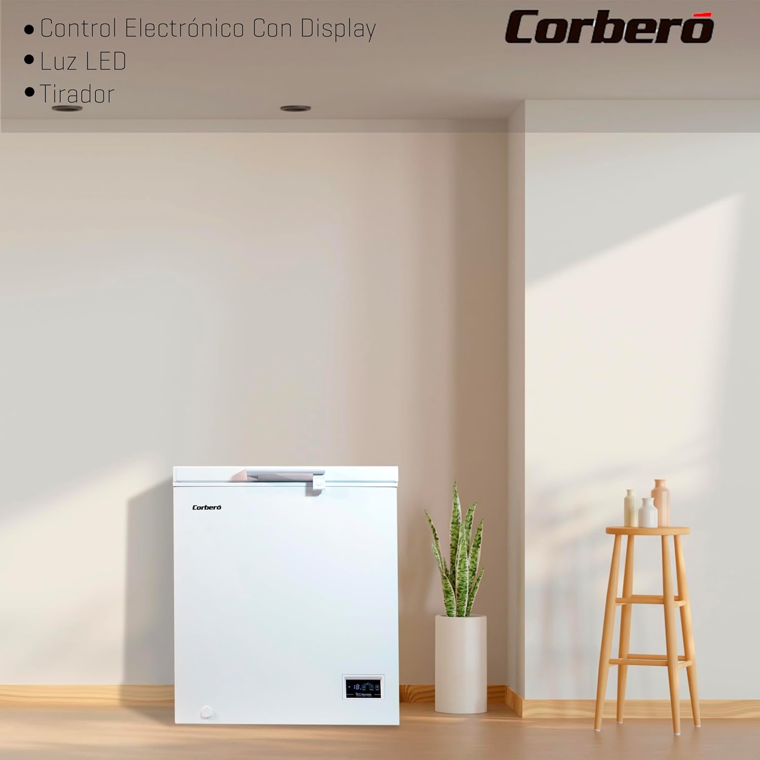 Corbero - Congelador Arcón 142L | CCHH15024E | Control Electrónico con Display | Luz LED | Tirador | 1 Cesta Interior | 2 Ruedas | 2 Patas Ajustables | 40 Db | Eficiencia Energética E | Blanco