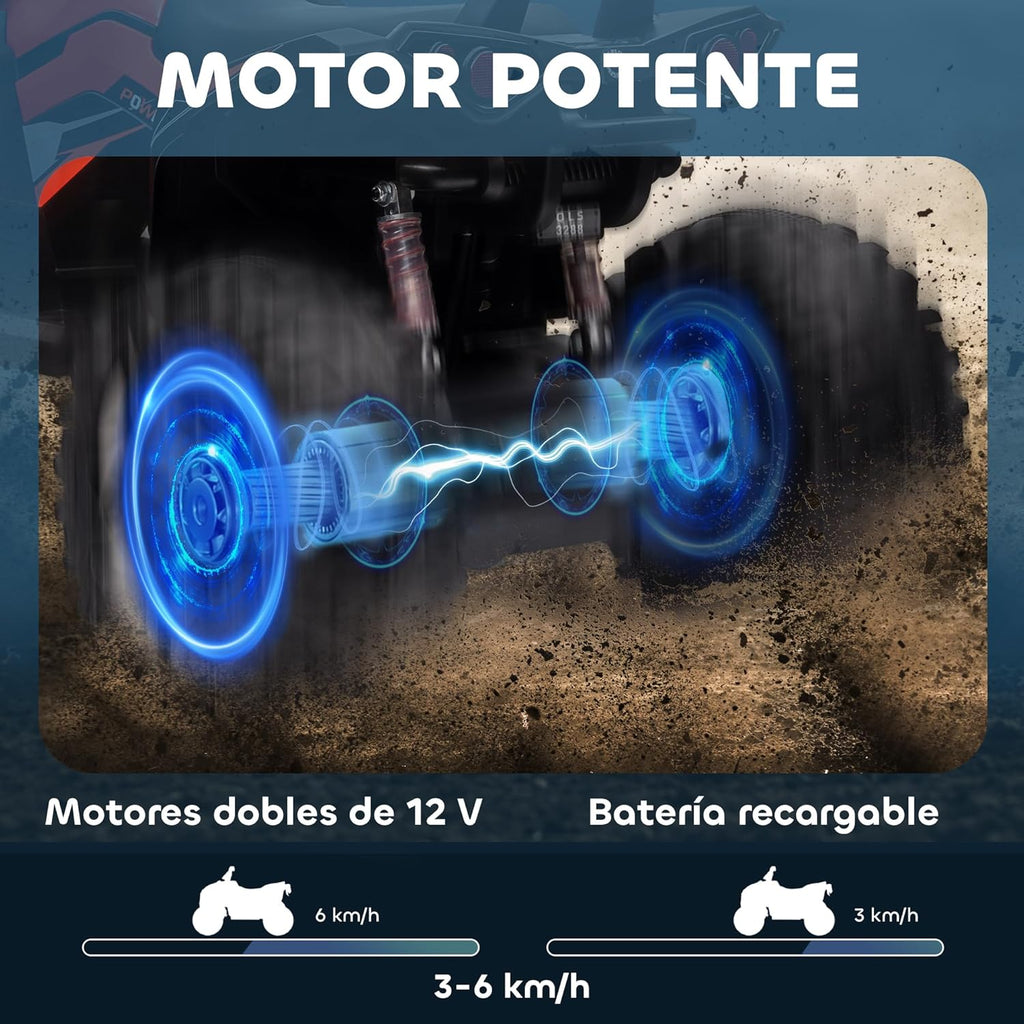 HOMCOM Quad Eléctrico 12V para Niños +3 Años con 2 Motores Faros Música Neumáticos de Suspensión Botones Avance y Retroceso Vehículo Eléctrico a Batería 100x65x73 cm Rojo