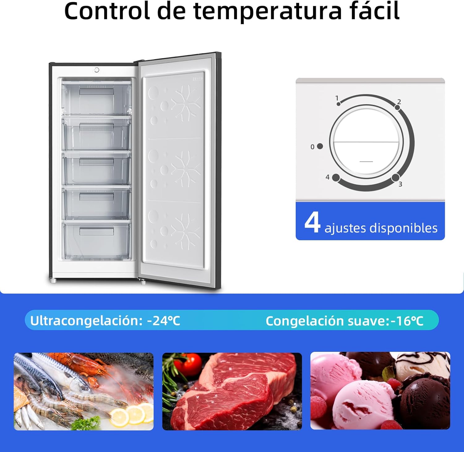 Congelador vertical independiente CHiQ, 145L de capacidad, congelación rápida, termostato ajustable, silencioso, puerta reversible, negro, clasificación energética E