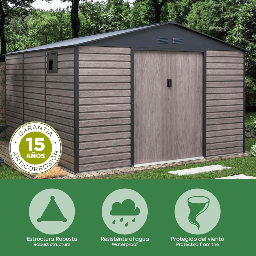 Gardiun Caseta Metálica Surrey 13 m2 Exterior 340x382x226 cm de Acero con Ventana Lateral y Efecto Madera Veteada